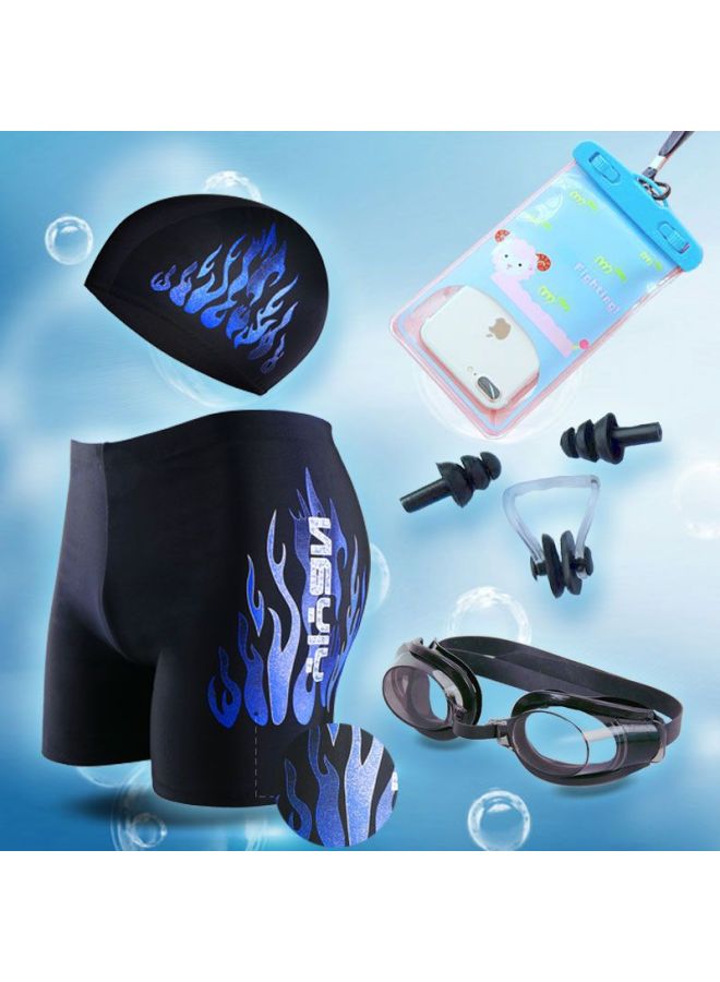 Yiyan Swimming Trunks Men's Flat-angle Hot Spring Quick-drying Beach Pants Plus Size Loose Fashionable Men's Swimming Trunks Swimming Equipment Set-Color:Blue Fire Swimming Trunks Swimming Cap + Mobile Phone Bag-Size:L( 45-55kg )