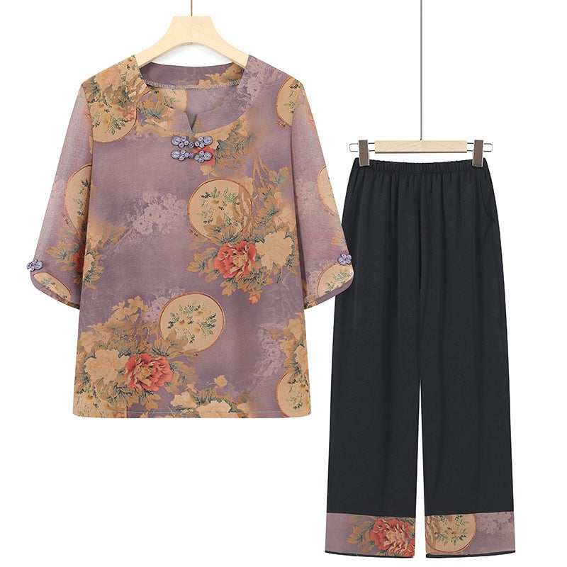 Old Peoples Womens Granny Summer Short-sleeved Chiffon T-shirt Wide Wife Thin Cool Suit Mother Clothes Purple [jacket pants]]