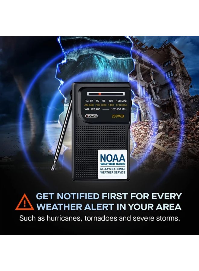 راديو الطقس المحمول الأسود من NOAA يعمل بالبطارية مع راديو AM/FM ومقبس سماعة رأس للطوارئ - Image 5