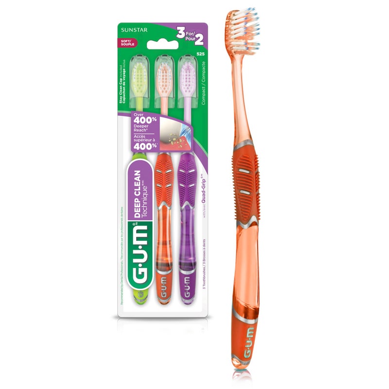 GUM Technique Deep Clean Toothbrush - Compact Head - Soft Toothbrushes for Adults with Sensitive Soft Bristles, 3 Count - Image 1