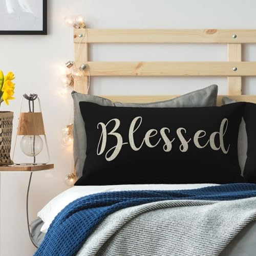 NIDITW Nice Gift Inspirational Blessed Letters Words Waist Lumbar Black Cotton Linen Throw Pillow case Cushion Cover for Sofa Home Decorative Oblong 12x20 Inches - Image 2