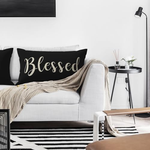NIDITW Nice Gift Inspirational Blessed Letters Words Waist Lumbar Black Cotton Linen Throw Pillow case Cushion Cover for Sofa Home Decorative Oblong 12x20 Inches - Image 4