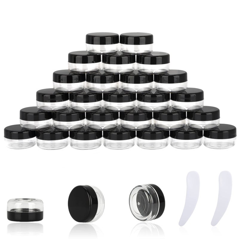 YOMOSPACE 25PCS 10 Gram Sample Containers 10ml Empty Jars with Lids Small Cosmetic Containers Mini Sample Jars with 2PCS Mini Spatulas for Make Up Oils Lotion Powder Paint Jewelry Lip BalmsBlack Lid