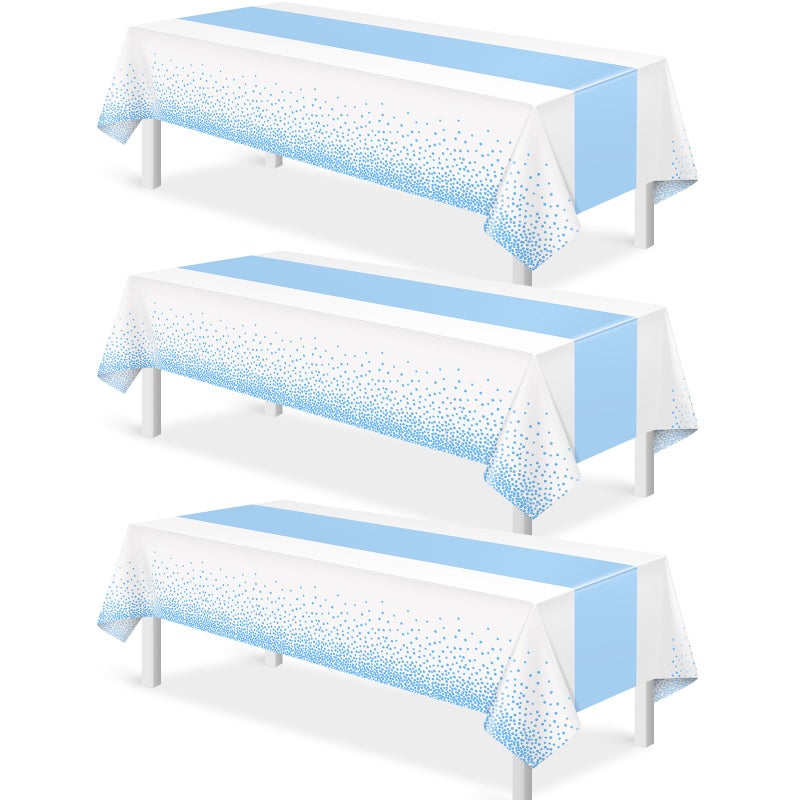 MASHAN 3Pcs White and Light Blue Tablecloth Party DecorationsPlastic White Table Cloth Printed Baby Blue Table Runner Disposable Rectangle Cover for Birthday Baby Shower Wedding Party54 x108 Inch