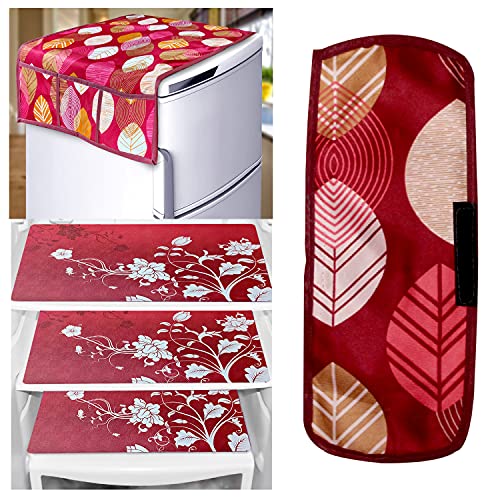 KANUSHI Industries® 1Pc Fridge Cover for Top with 6 Utility Pockets (Maroon Color) + 1 Handles Covers + 3 Fridge Mats(FRI-LONG-LEVS-MAROON-COMBO-M-25) - Image 1