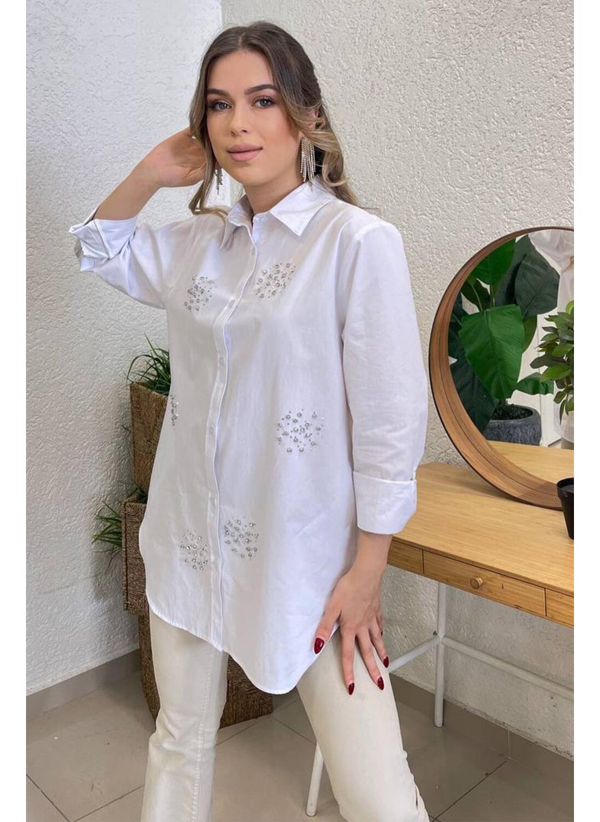 Tena قميص نسائي أبيض مقاس كبير مع أحجار على الجهة الأمامية  - Image 1