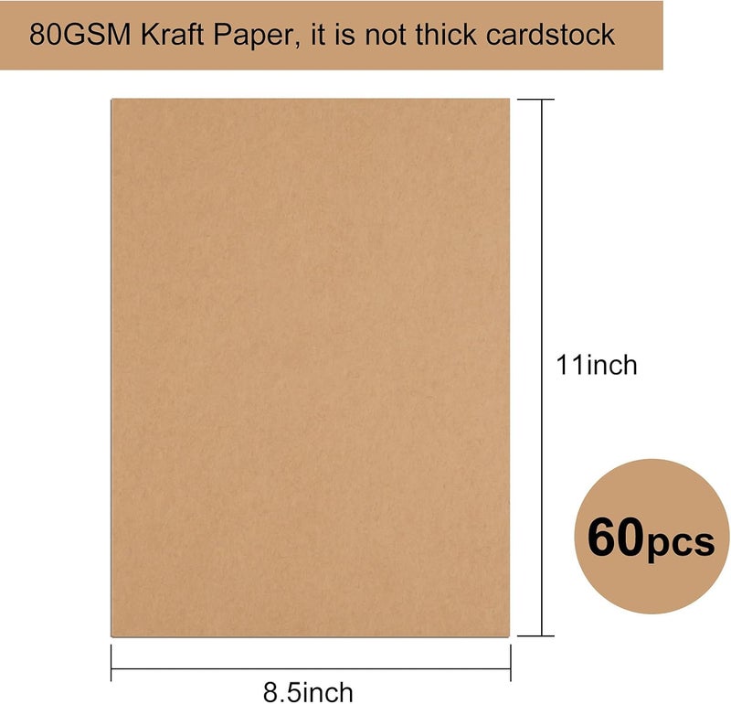 FEPITO 60 Sheets Kraft Paper 8.5 x 11 Inches Brown Paper Letter Size Craft Paper Sheets for Printing Labels DIY Arts and Craft - Image 2