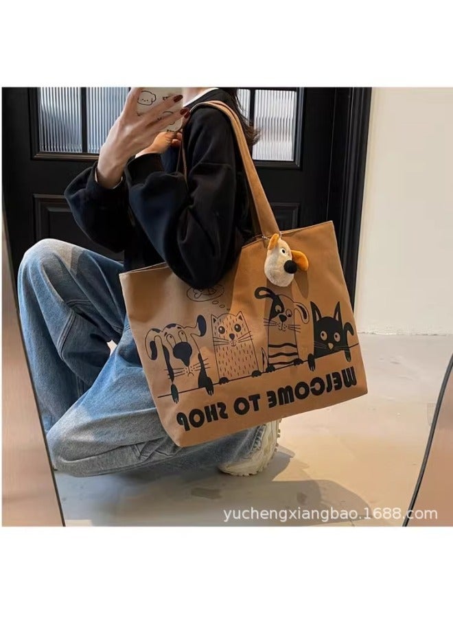 Casual Large Capacity Canvas Bag Women's 2025 Lightweight All-match Commuter Shoulder Bag Graffiti Portable Tote Bag-Colour:Khaki  - Image 5