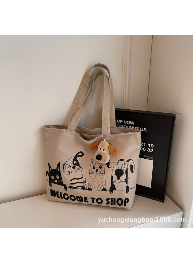 Casual Large Capacity Canvas Bag Women's 2025 Lightweight All-match Commuter Shoulder Bag Graffiti Portable Tote Bag-Colour:Khaki  - Image 1