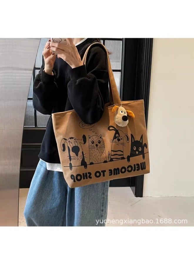Casual Large Capacity Canvas Bag Women's 2025 Lightweight All-match Commuter Shoulder Bag Graffiti Portable Tote Bag-Colour:Khaki  - Image 4