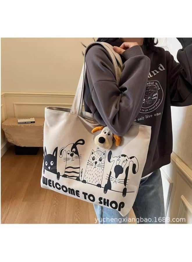 Casual Large Capacity Canvas Bag Women's 2025 Lightweight All-match Commuter Shoulder Bag Graffiti Portable Tote Bag-Colour:Khaki  - Image 2