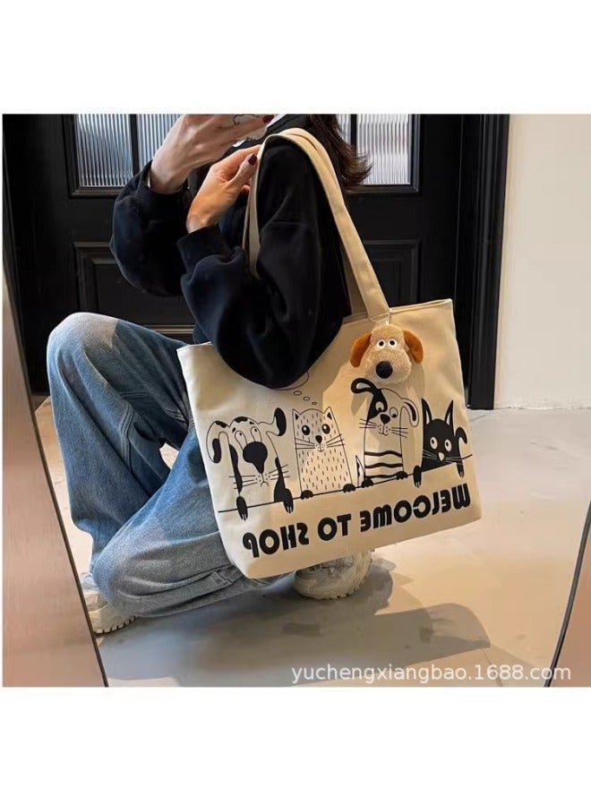 Casual Large Capacity Canvas Bag Women's 2025 Lightweight All-match Commuter Shoulder Bag Graffiti Portable Tote Bag-Colour:Khaki  - Image 3