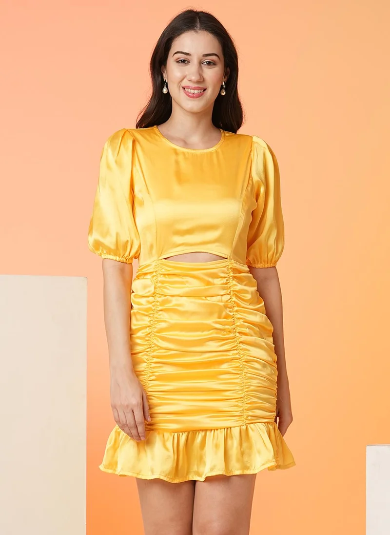 globus Globus Women Yellow Puff Sleeves Ruched Cut-Outs Satin Bodycon Party Dress