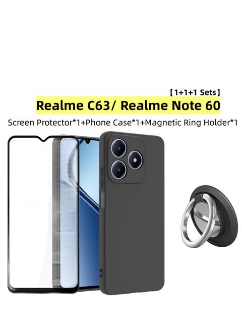 【1+1+1 Sets】for Realme C63/ Realme Note 60 Case & Screen Protector & Magnetic Ring Holder Frosted Pudding Material TPU Cover with Tempered Glass Screen Protector,Ring Holder Suitable for Car Magnetic Attraction