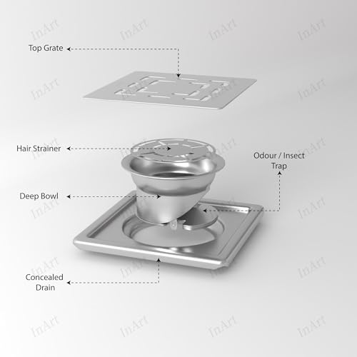 InArt Slotted Exclusive 5x5 Inch Square Flat Cut Floor Drain Jali | 304-Grade Stainless Steel Bathroom Drainer with Anti-Cockroach Trap - 5 Year Warranty - Image 2
