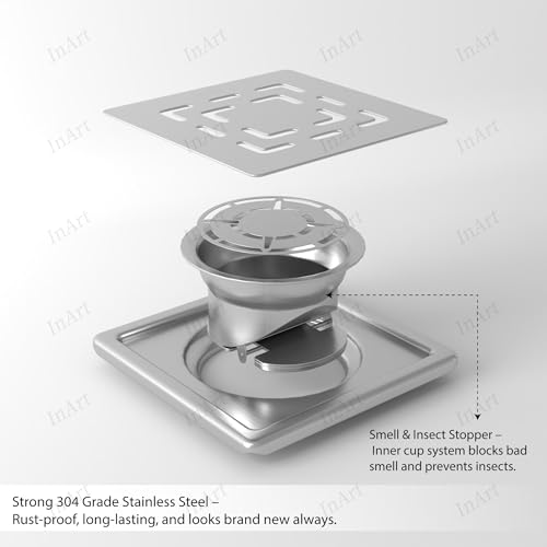 InArt Slotted Exclusive 5x5 Inch Square Flat Cut Floor Drain Jali | 304-Grade Stainless Steel Bathroom Drainer with Anti-Cockroach Trap - 5 Year Warranty - Image 3
