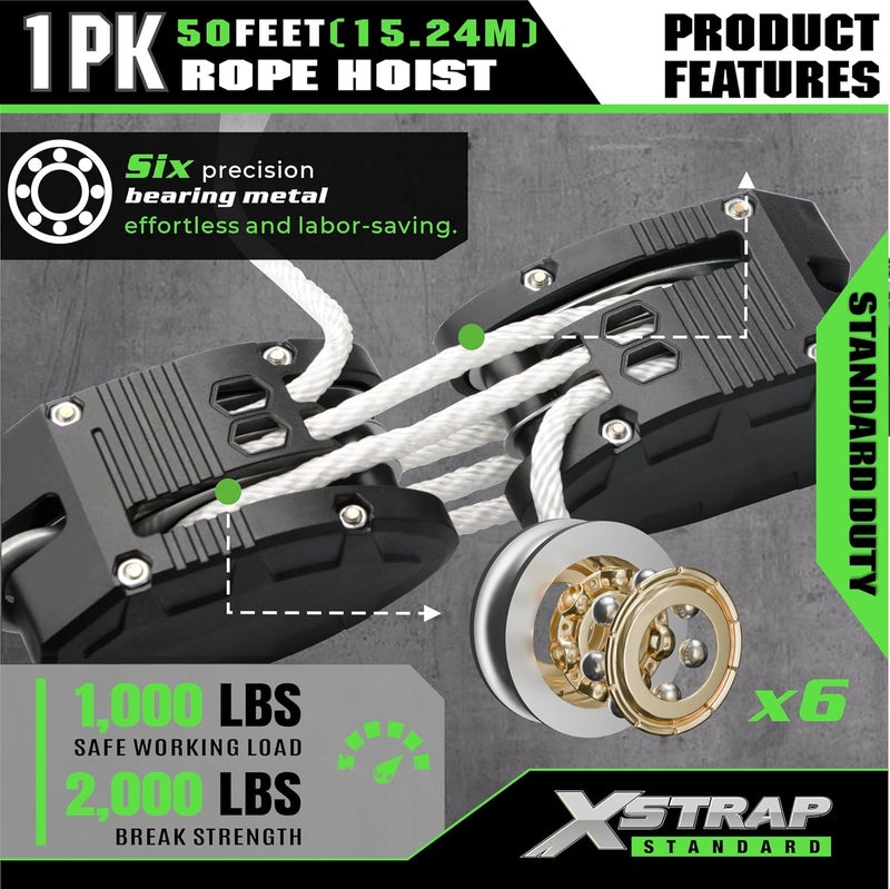XSTRAP STANDARD Heavy-Duty 2,000LB 50 Feet Rope Hoist Pulley 1 Ton Wheel Block and Tackle System 5:1 Ratio Lifting Power with 2PK 18 Inch Soft Loops - Image 2