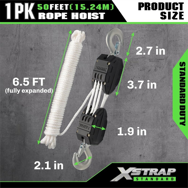 XSTRAP STANDARD Heavy-Duty 2,000LB 50 Feet Rope Hoist Pulley 1 Ton Wheel Block and Tackle System 5:1 Ratio Lifting Power with 2PK 18 Inch Soft Loops - Image 3