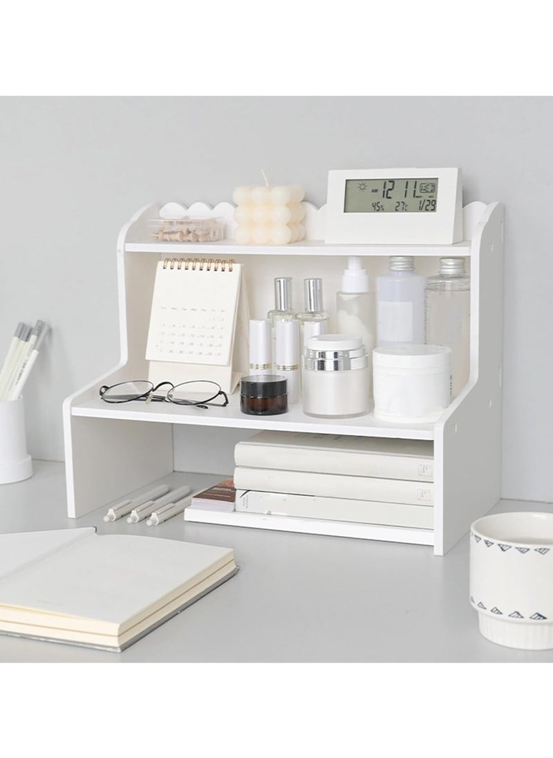 Wooden Desktop Organizer with Bookshelf Countertop Display Shelf and Office Supplies Storage Rack White 47cm x 30.5cm x 21.5cm