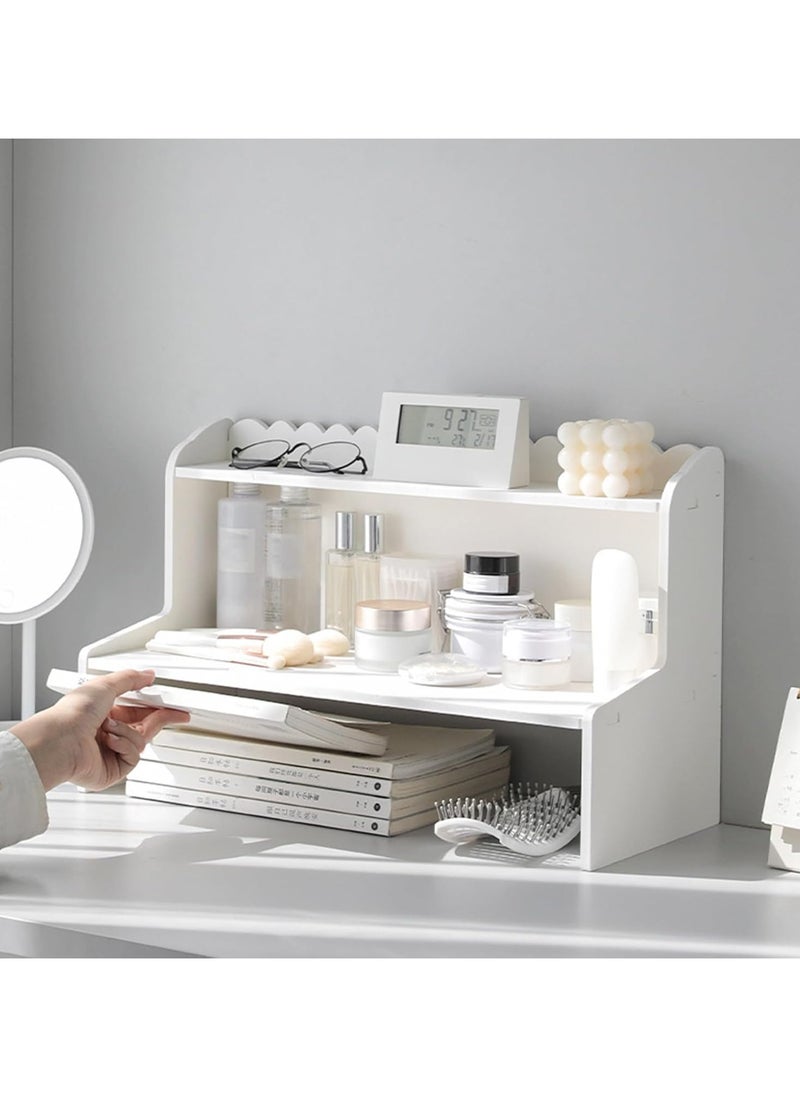 Wooden Desktop Organizer with Bookshelf Countertop Display Shelf and Office Supplies Storage Rack White 47cm x 30.5cm x 21.5cm