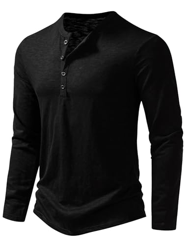 PARKLEES Men's Casual Stretchy Long Sleeve Henley T-Shirt Front Placket Muscle Workout Athletic 4 Buttons Tee Tops Black Large - Image 2