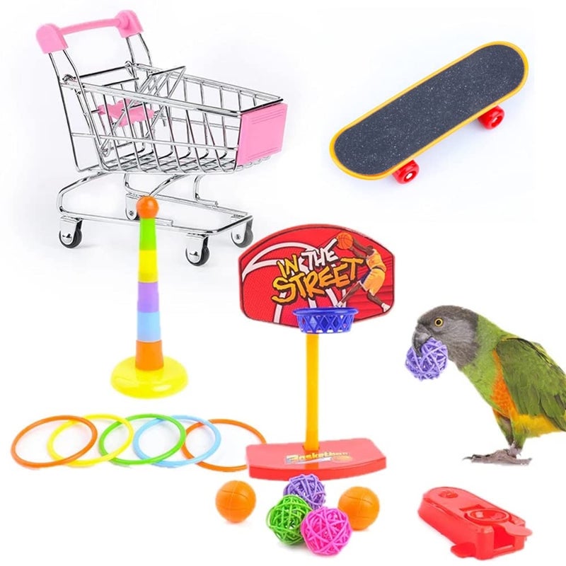 Qpets® ® 7PCS Bird Toys Set Bird Training Toys and Accessories Including Shopping Cart Basketball Stacking Skateboard Training Toy (Random Color) (Set One) - Image 1