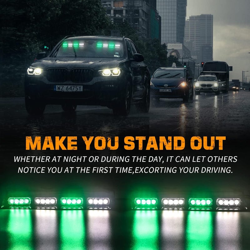 XRIDONSEN Emergency Dash Strobe Lights - 2x14 inch Green White LED Light Bar for Trucks and Construction Vehicles - Image 2