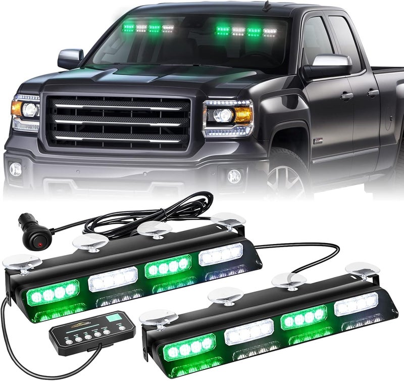 XRIDONSEN Emergency Dash Strobe Lights - 2x14 inch Green White LED Light Bar for Trucks and Construction Vehicles - Image 1