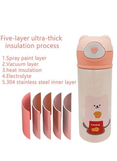 KASTWAVE Kids Vacuum Insulated Water Bottle with Straw, 14Ounce Leak-Proof Stainless Steel Cute Little bear Thermos for Children Hot and Cold Drinks Travel Easy to Carry for Outdoor Travel (Pink)  - Image 2
