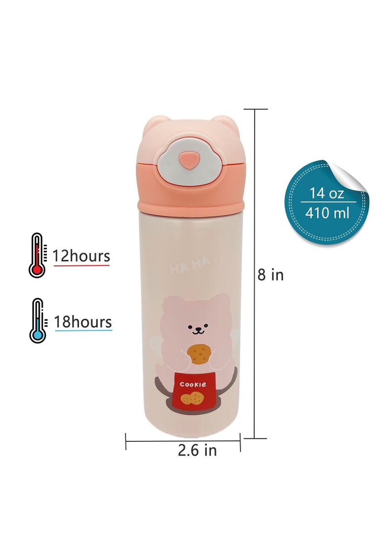 KASTWAVE Kids Vacuum Insulated Water Bottle with Straw, 14Ounce Leak-Proof Stainless Steel Cute Little bear Thermos for Children Hot and Cold Drinks Travel Easy to Carry for Outdoor Travel (Pink)  - Image 3