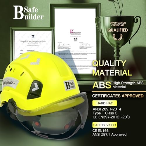 SAFEBUILDER Safety Helmet Hard Hat with Visor Clear & Tinted Adjustable Vented ABS Work Helmet 6-Point Suspension ANSI Z89.1 Approved for Industrial (Fluorescent Yellow Hat with Clear & Tinted Visor) - Image 3