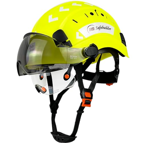 SAFEBUILDER Safety Helmet Hard Hat with Visor Clear & Tinted Adjustable Vented ABS Work Helmet 6-Point Suspension ANSI Z89.1 Approved for Industrial (Fluorescent Yellow Hat with Clear & Tinted Visor) - Image 1