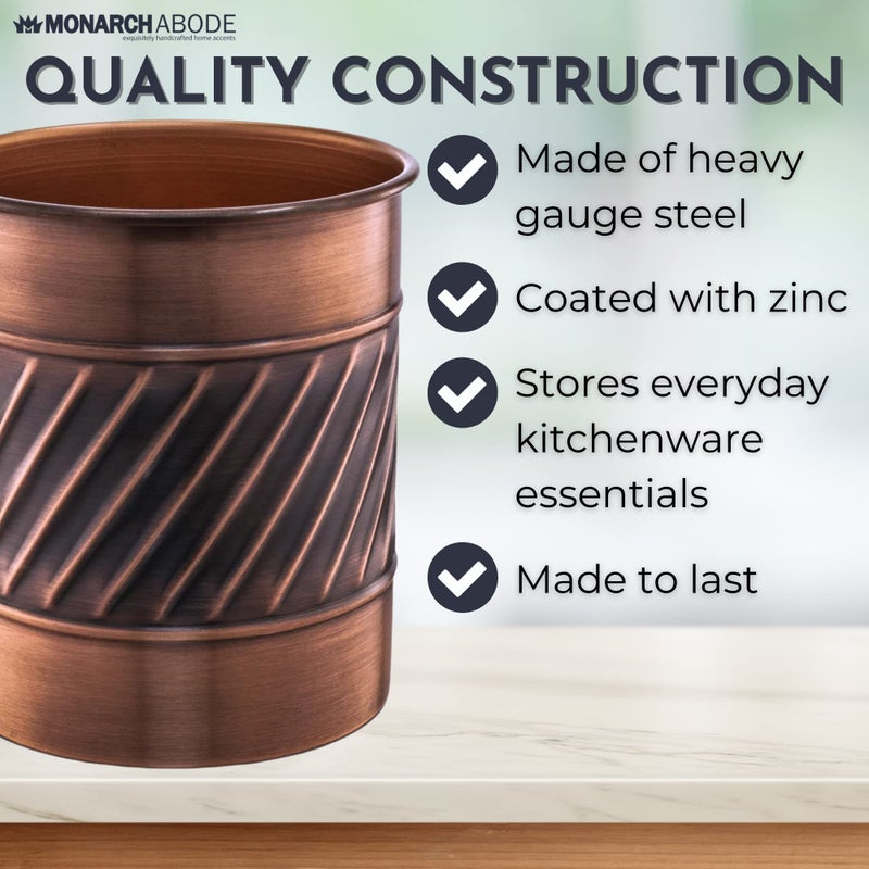 Monarch Abode 39677 Metal Handcrafted Wave Embossed Caddy  Kitchen Interior Organizer for Utensils  Crock for Cooking Utensils  Multipurpose  Large Utensil Holder  Antique Copper Finish - Image 4