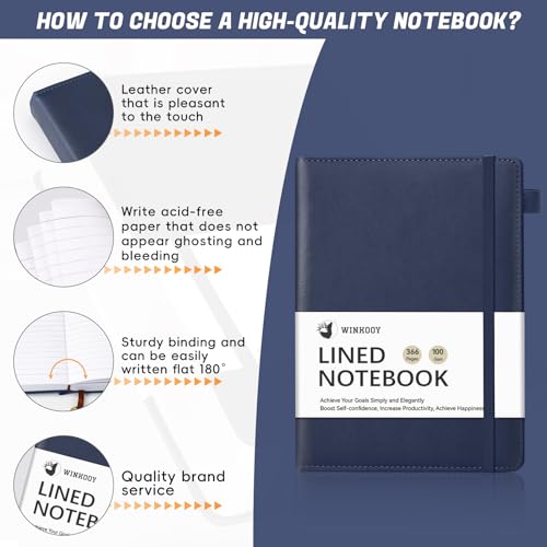 Winkooy Lined Journal Notebook, 366 Pages, 100Gsm Leather Hardcover Journals for Writing Thick A5 College Ruled Classic Notebook with Pen Loop, Daily Journal for Women Men Travel Business Work Office - Image 3