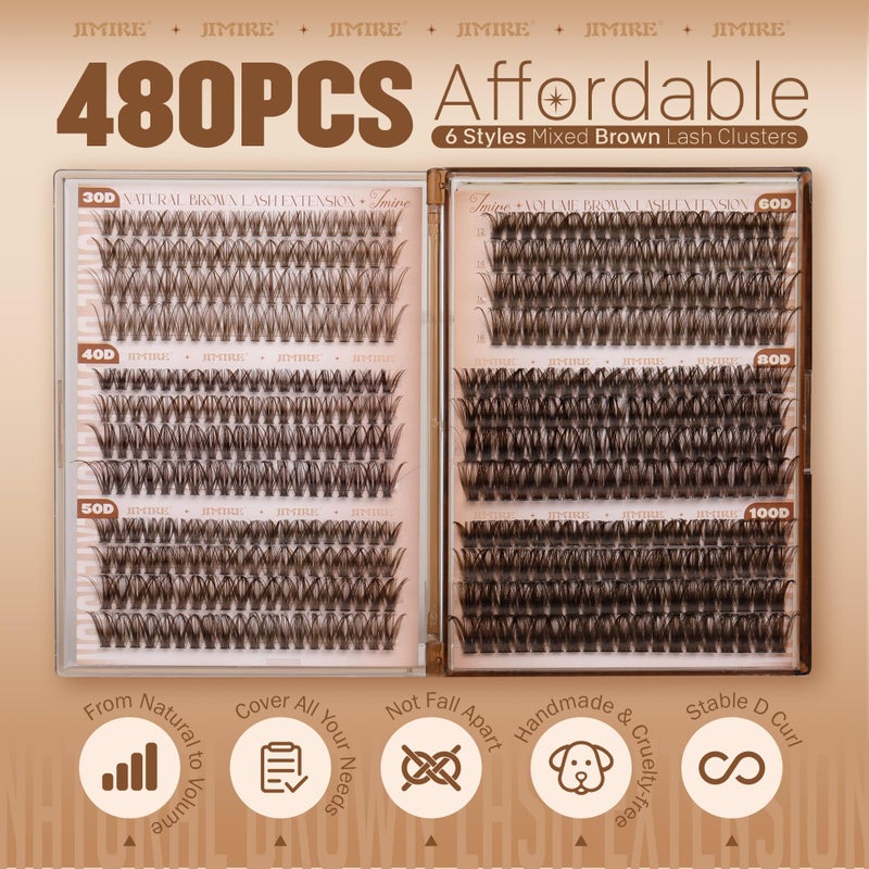 JIMIRE Brown Lash Clusters 6 Styles Mixed D Curly Eyelash Clusters Natural 476Pcs Fluff Cluster Eyelash Extensions Wispy Brown Cluster Lashes Extensions for Everyday Wear(30D+40D+50D+60D+80D+100D) - Image 4