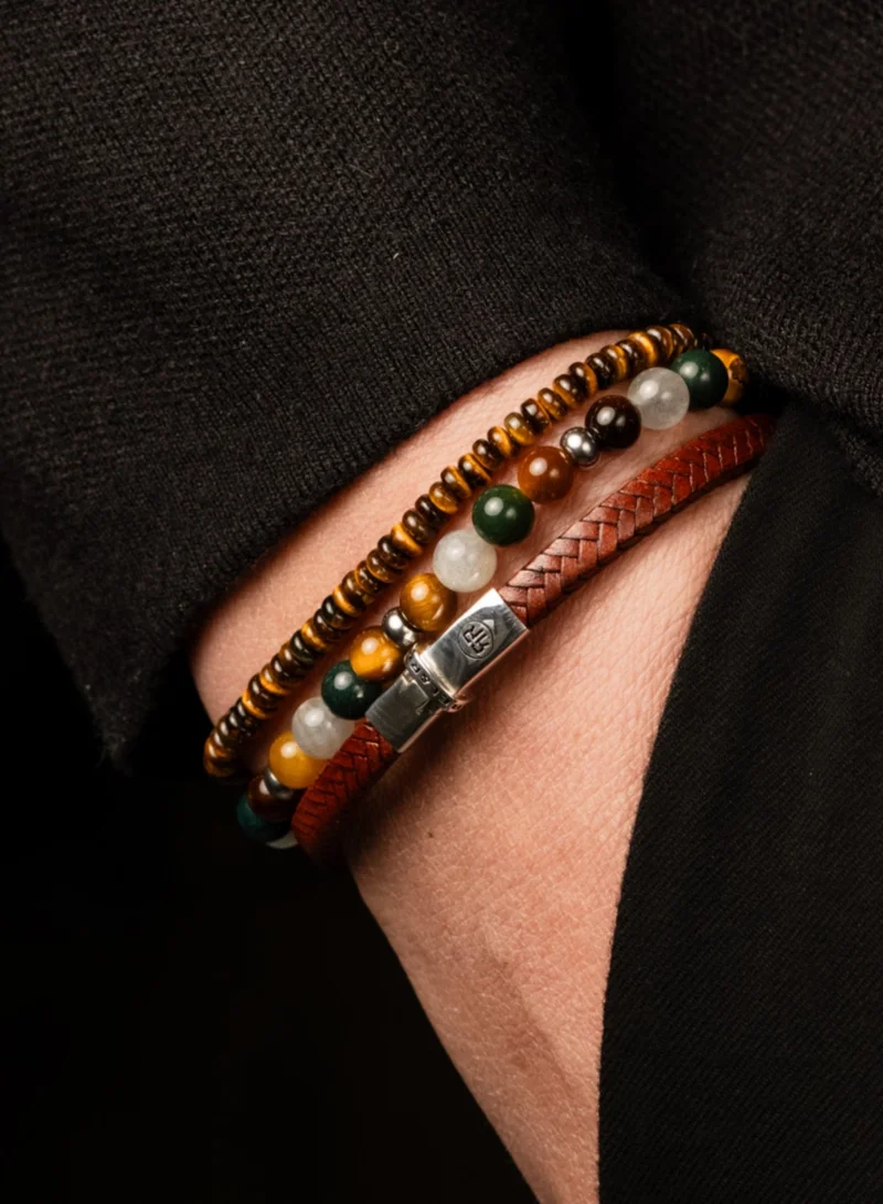 Rebel & Rose Men's Mountain Forest Beaded Bracelet, 6 mm Tiger Eye, Moss Agate & Labradorite