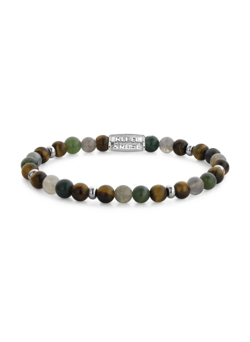 Rebel & Rose Men's Mountain Forest Beaded Bracelet, 6 mm Tiger Eye, Moss Agate & Labradorite