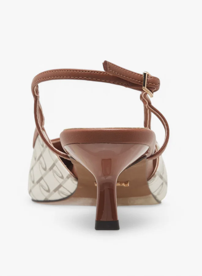 بابريكا حذاء نسائي slingback بطبعات المونوغرام وكعب kitten مع إغلاق بإبزيم
