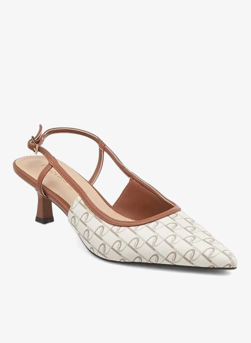 Women's Monogram Print Slingback Shoes with Kitten Heels and Buckle Closure