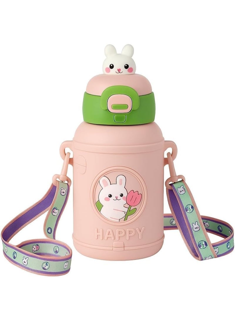 Twisoo Kids Stainless Steel Insulated Water Bottle 500ml – Double Wall Vacuum Flask with Straw, Leak-Proof Flip Cap, Cute & Durable Drink Bottle for School, Travel & Outdoor Use. (Pink) - Image 1