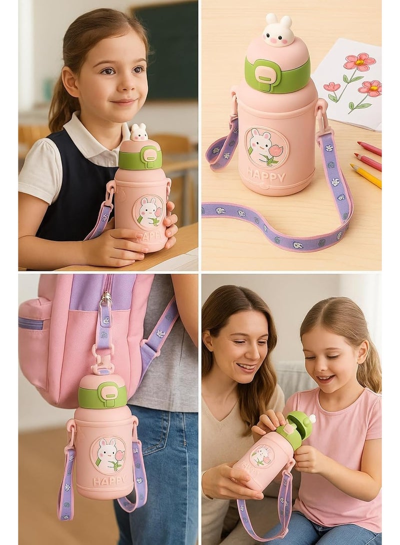Twisoo Kids Stainless Steel Insulated Water Bottle 500ml – Double Wall Vacuum Flask with Straw, Leak-Proof Flip Cap, Cute & Durable Drink Bottle for School, Travel & Outdoor Use. (Pink) - Image 4