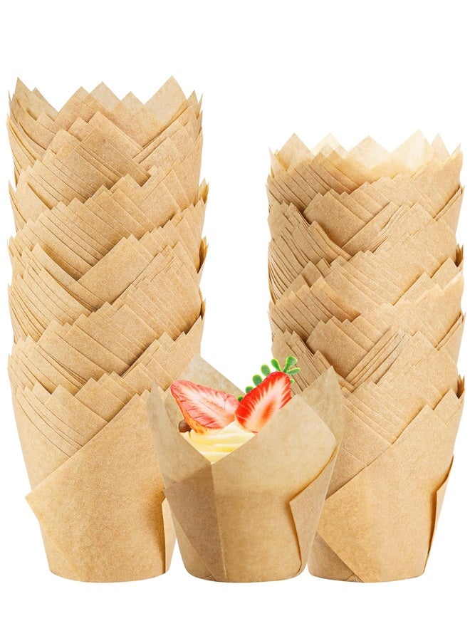 100 قطعة من بطانات الكب كيك المصنوعة من زهور التوليب الطبيعية لأكواب الخبز، وحاملات بطانات الكعك المصنوعة من ورق البرشمان الآمن غذائيًا، وأغلفة الكب كيك المقاومة للدهون - Image 1