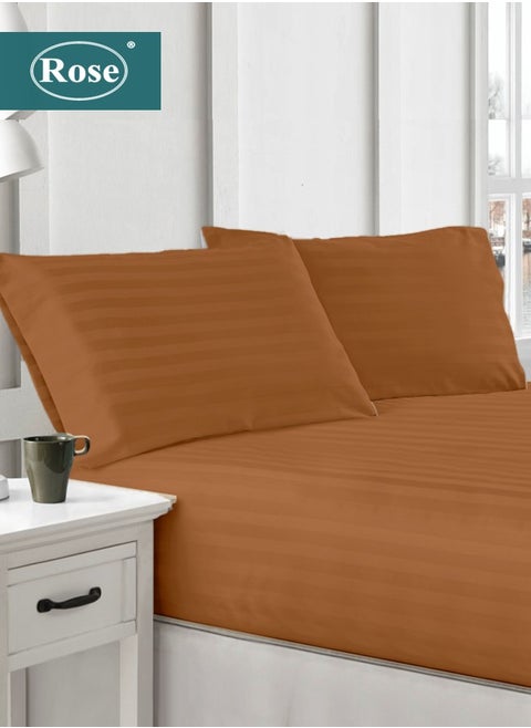 Rose Luxurious Hotel Stripe Fitted Sheet with Deep Pockets and Pillow Cases, Bed Sheet 3-Pieces Set, Soft & Silky Microfiber Breathable and Cooling, King Size 200x200+35 cm, Brown