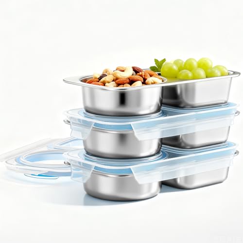 Bakpoco 3 Packs Stainless Steel Snack Containers For Kids Adults, 2 Compartment Reusable Metal Snack Boxes With Leak-Proof Lids, Compact Lunch Food Storage Container - Image 1