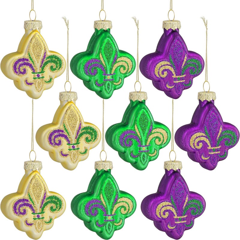 9pcs Mardi Gras Fleur de Lis Glass OrnamentsFleur de Lis New Orleans OrnamentsPurple Green and Gold Mardi Gras Glass Ornament for Holiday New Orleans Party Mardi Gras 9Pcs
