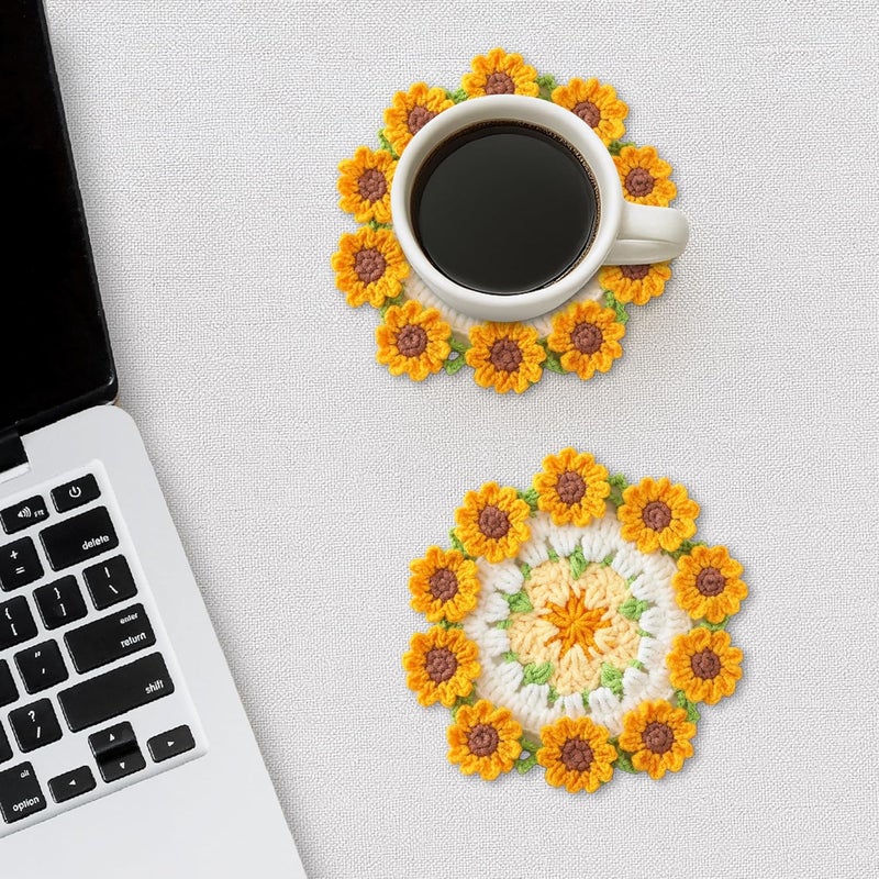 Vane Oak Flower Crochet Coasters, Handmade Bouquet Blanket Coaster with Crochet Plant Pot Fun Soft Decorative Drink Coasters for Coffee Tabletop Protection and Home Decor (Sunflower Yellow, 1Pc) - Image 5
