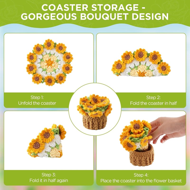 Vane Oak Flower Crochet Coasters, Handmade Bouquet Blanket Coaster with Crochet Plant Pot Fun Soft Decorative Drink Coasters for Coffee Tabletop Protection and Home Decor (Sunflower Yellow, 1Pc) - Image 3