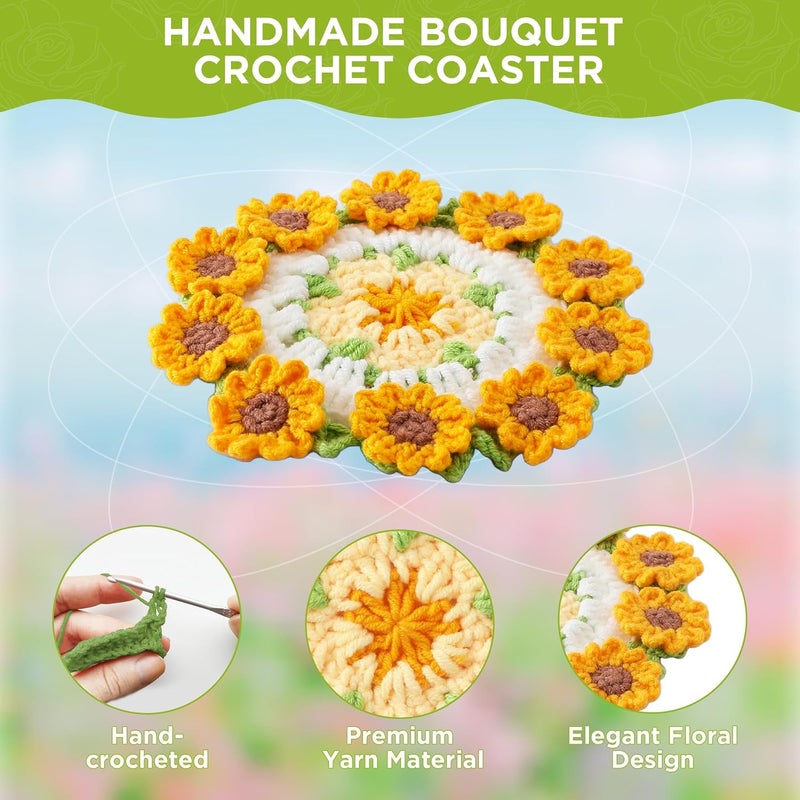 Vane Oak Flower Crochet Coasters, Handmade Bouquet Blanket Coaster with Crochet Plant Pot Fun Soft Decorative Drink Coasters for Coffee Tabletop Protection and Home Decor (Sunflower Yellow, 1Pc) - Image 4