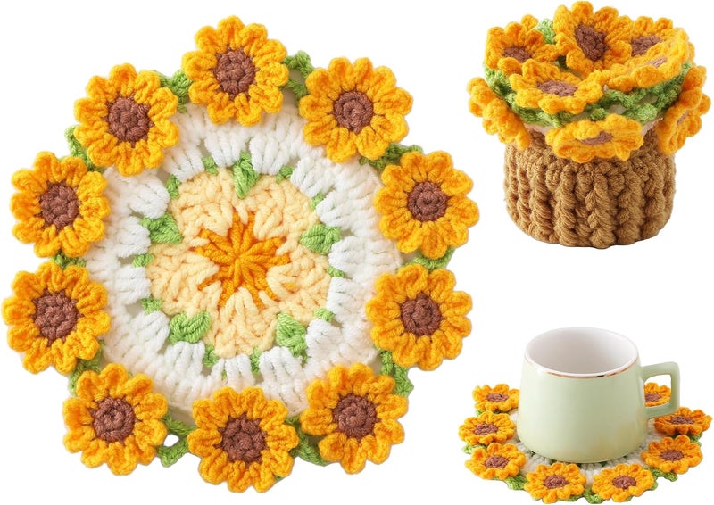 Vane Oak Flower Crochet Coasters, Handmade Bouquet Blanket Coaster with Crochet Plant Pot Fun Soft Decorative Drink Coasters for Coffee Tabletop Protection and Home Decor (Sunflower Yellow, 1Pc) - Image 1
