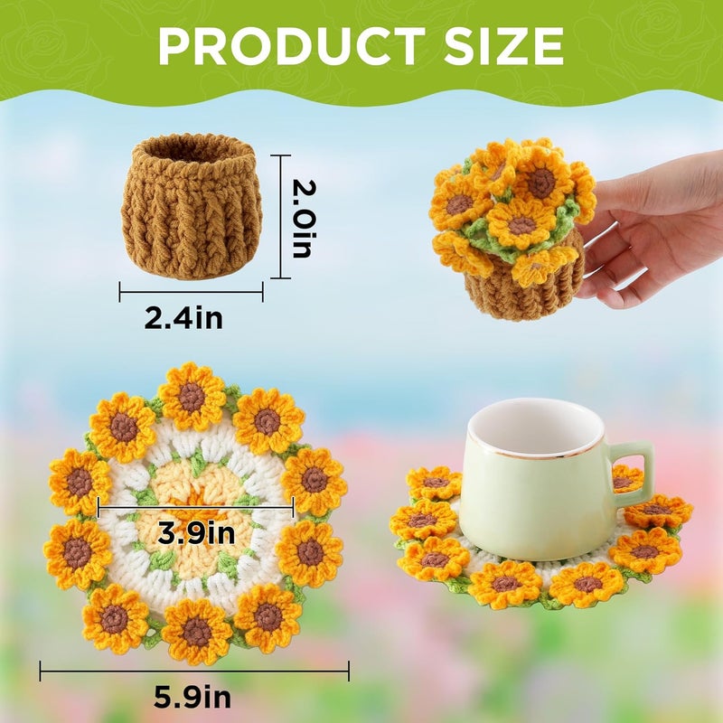 Vane Oak Flower Crochet Coasters, Handmade Bouquet Blanket Coaster with Crochet Plant Pot Fun Soft Decorative Drink Coasters for Coffee Tabletop Protection and Home Decor (Sunflower Yellow, 1Pc) - Image 2